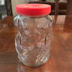 7" Kraft Peanut Butter Glass Bear Jar Coin Bank with Red Plastic Lid Vintage